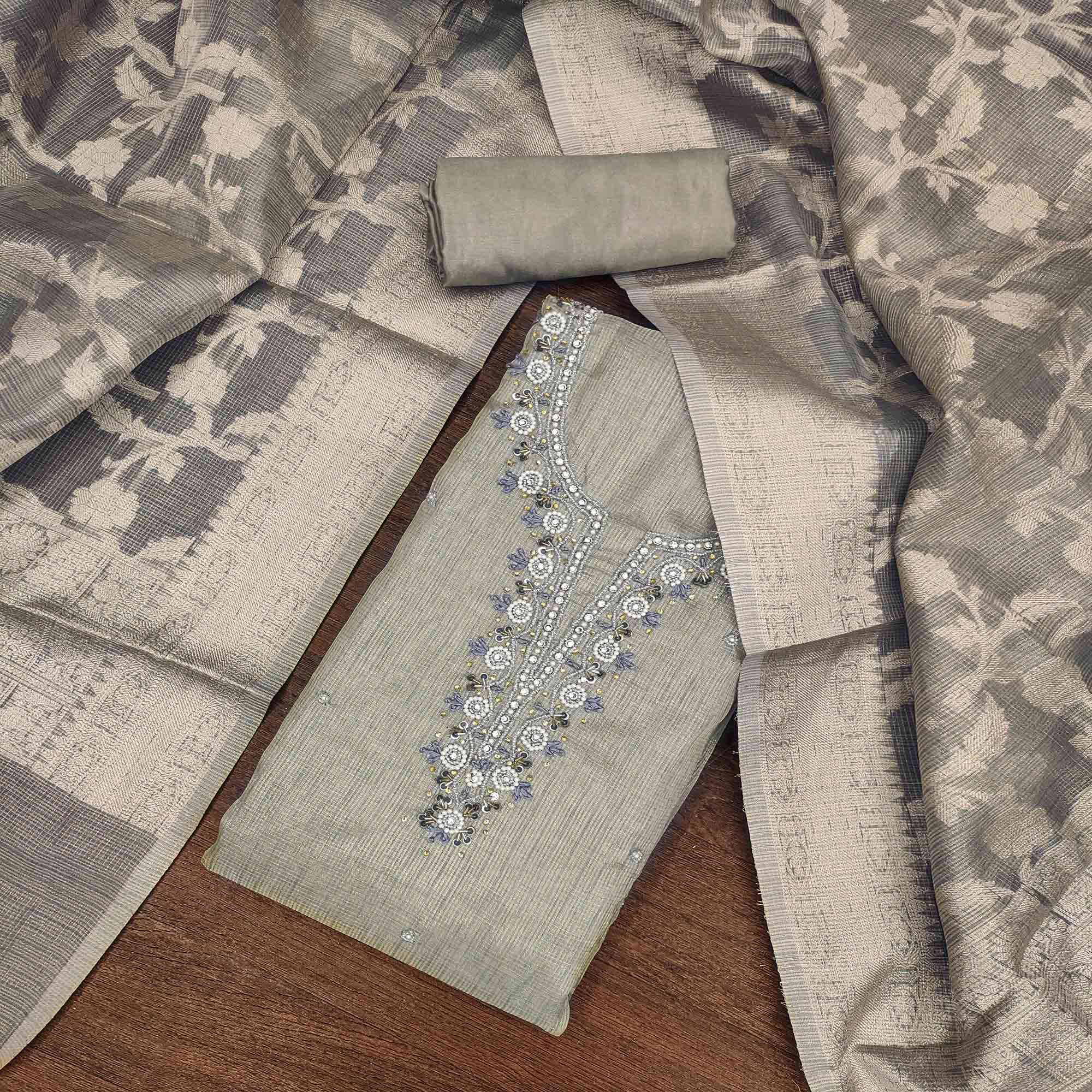 Grey Woven With Moti Handwork Viscose Dress Material