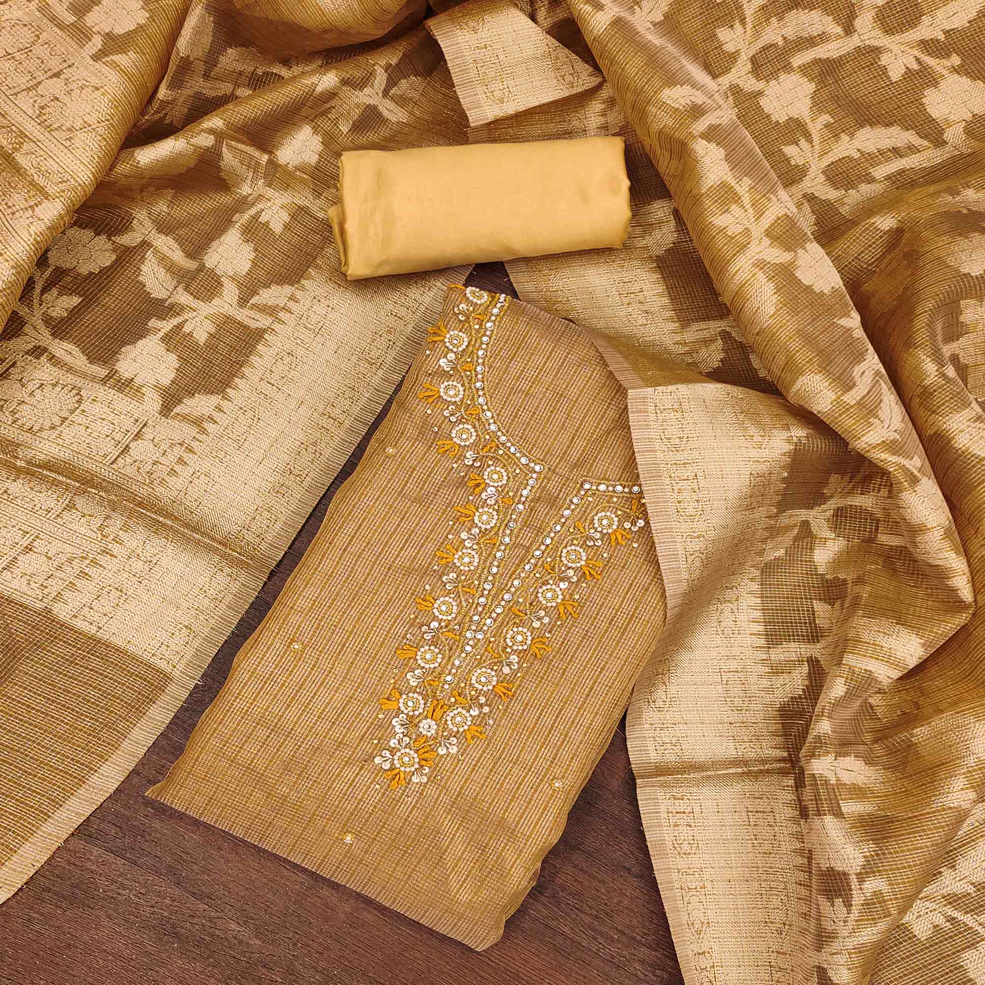 Mustard Woven With Moti Handwork Viscose Dress Material