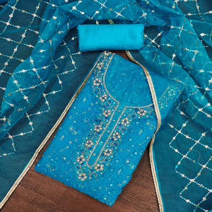 Blue Floral Sequins Embroidered With Handwork Organza Dress Material