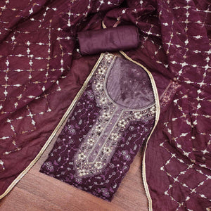 Wine Floral Sequins Embroidered With Handwork Organza Dress Material