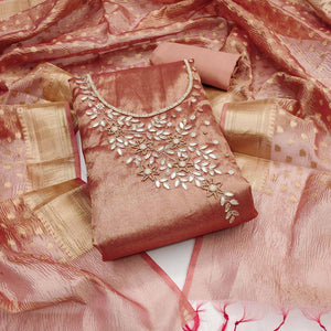 Peach Floral Moti & Gota Patti Handwork Viscose Dress Material