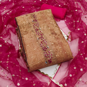 Brown Floral Printed With Handwork Shimmer Viscose Dress Material