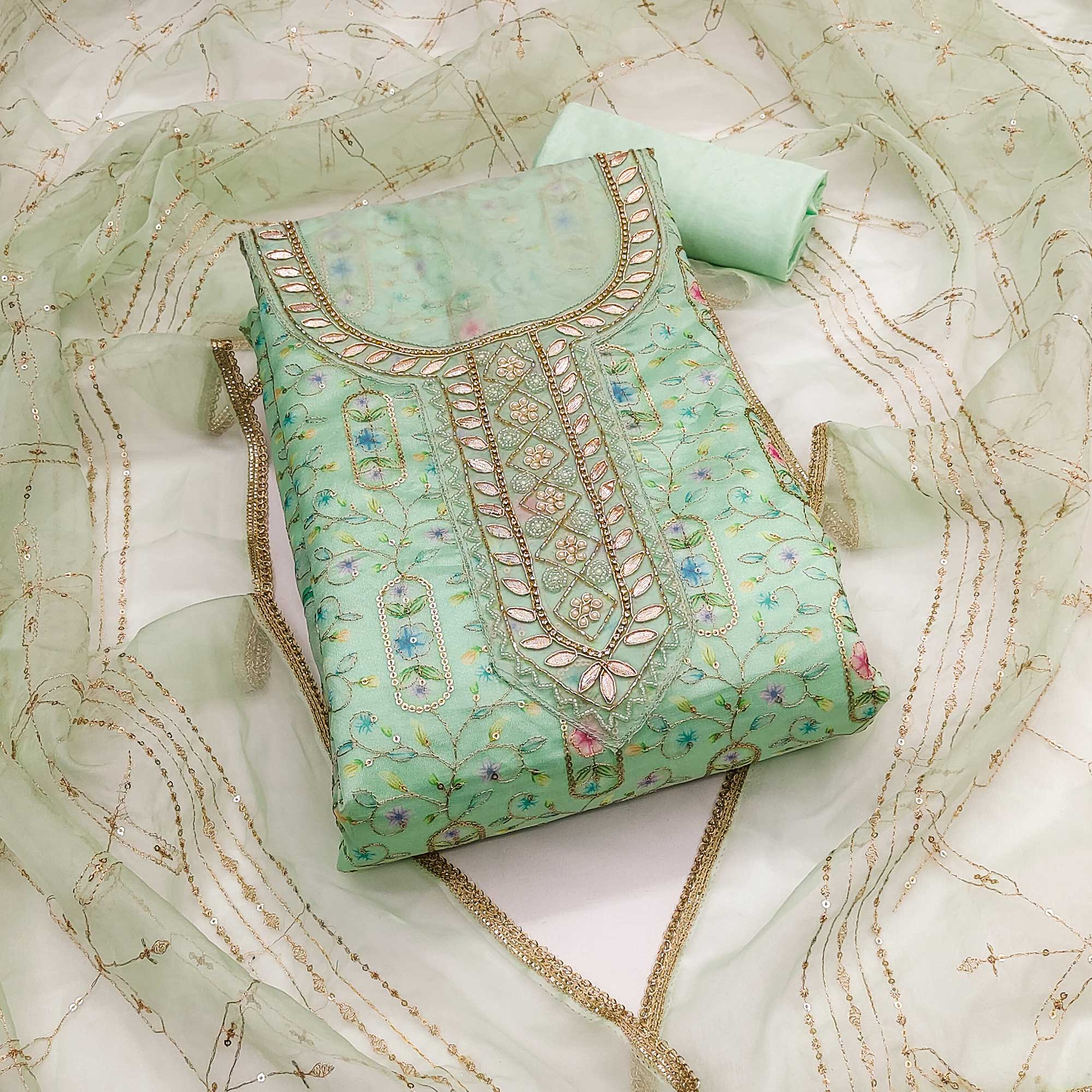 Sea Green Floral Sequins Embroidery With Handwork Viscose Dress Material