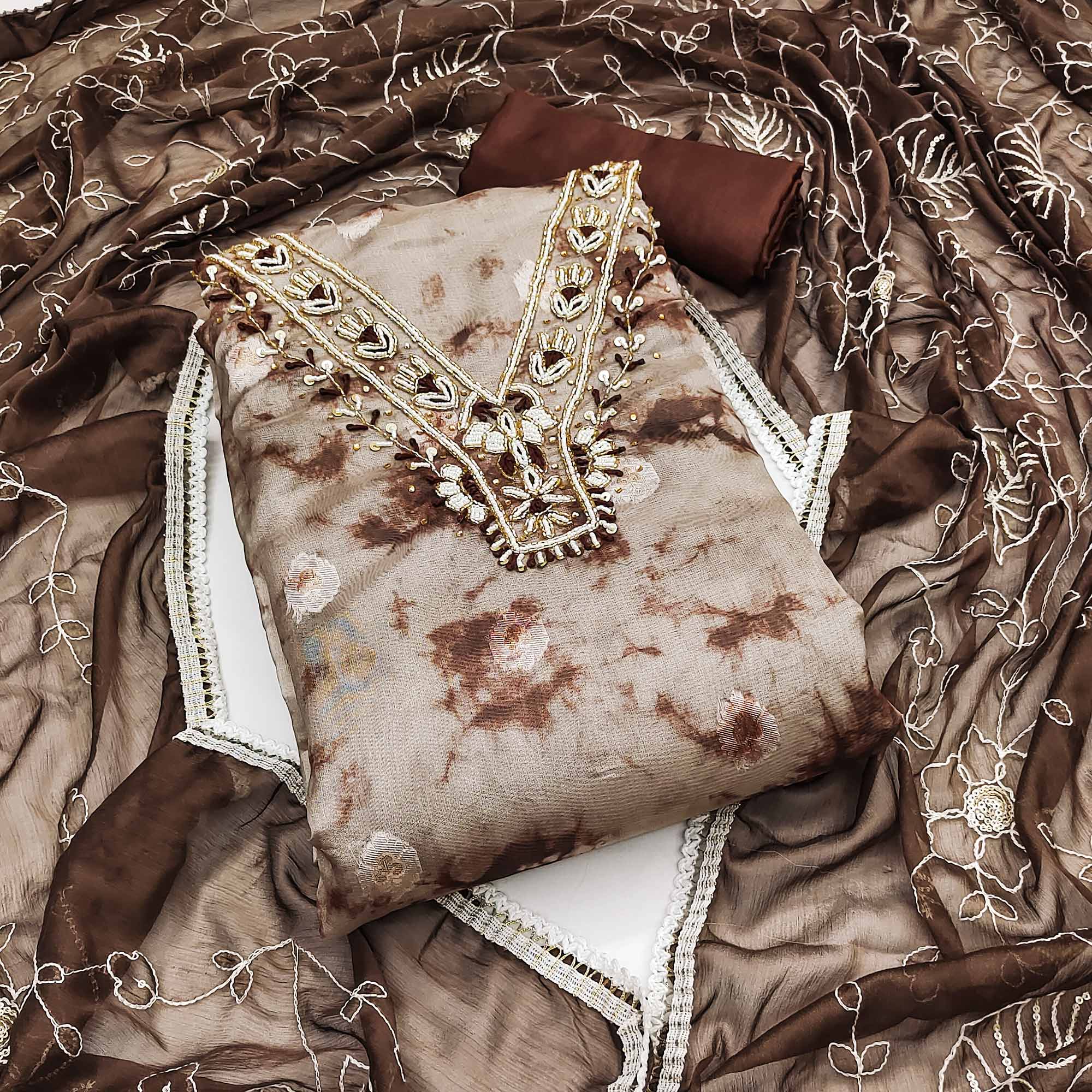 Brown Digital Printed With Handwork Organza Dress Material