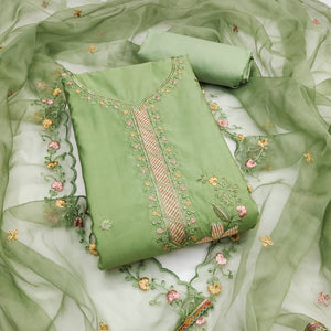 Green Floral Sequins Embroidered Cotton Silk Dress Material