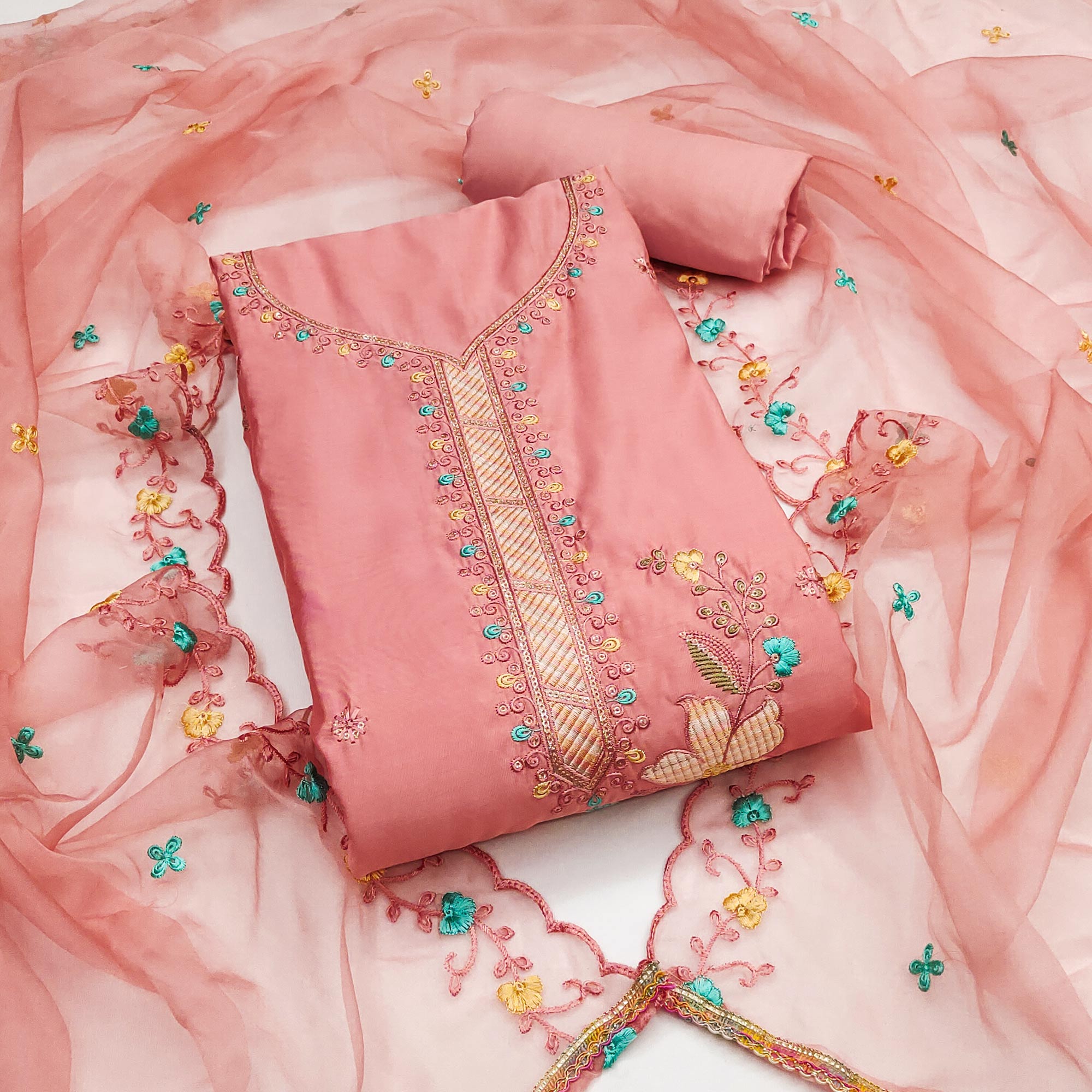 Peach Floral Sequins Embroidered Cotton Silk Dress Material