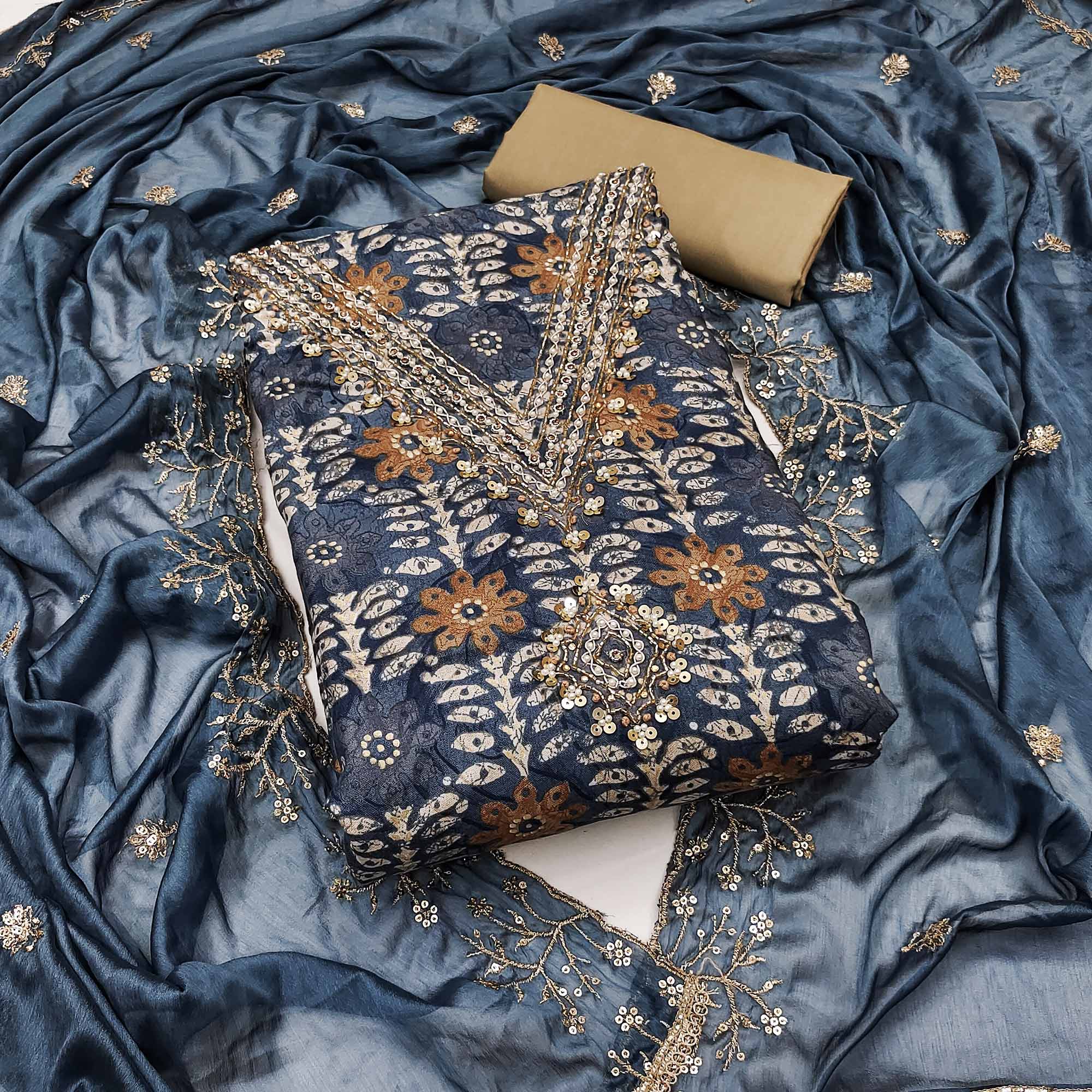 Blue Floral Printed With Handwork Pure Cotton Dress Material