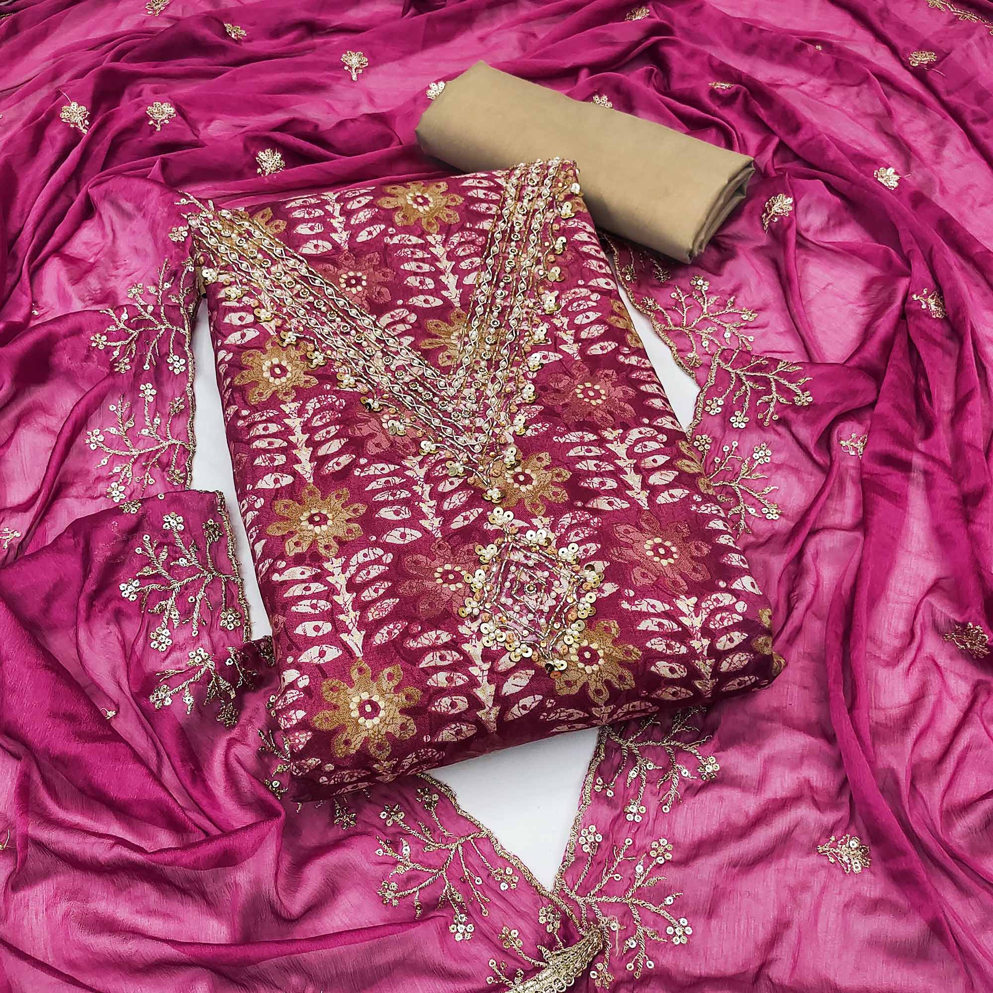 Dark Magenta Floral Printed With Handwork Pure Cotton Dress Material