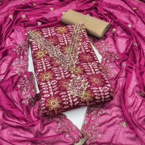 Dark Magenta Floral Printed With Handwork Pure Cotton Dress Material