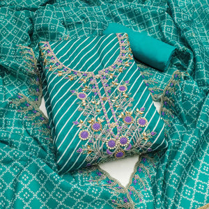 Rama Green Striped Digital Printed With Handwork Muslin Dress Material