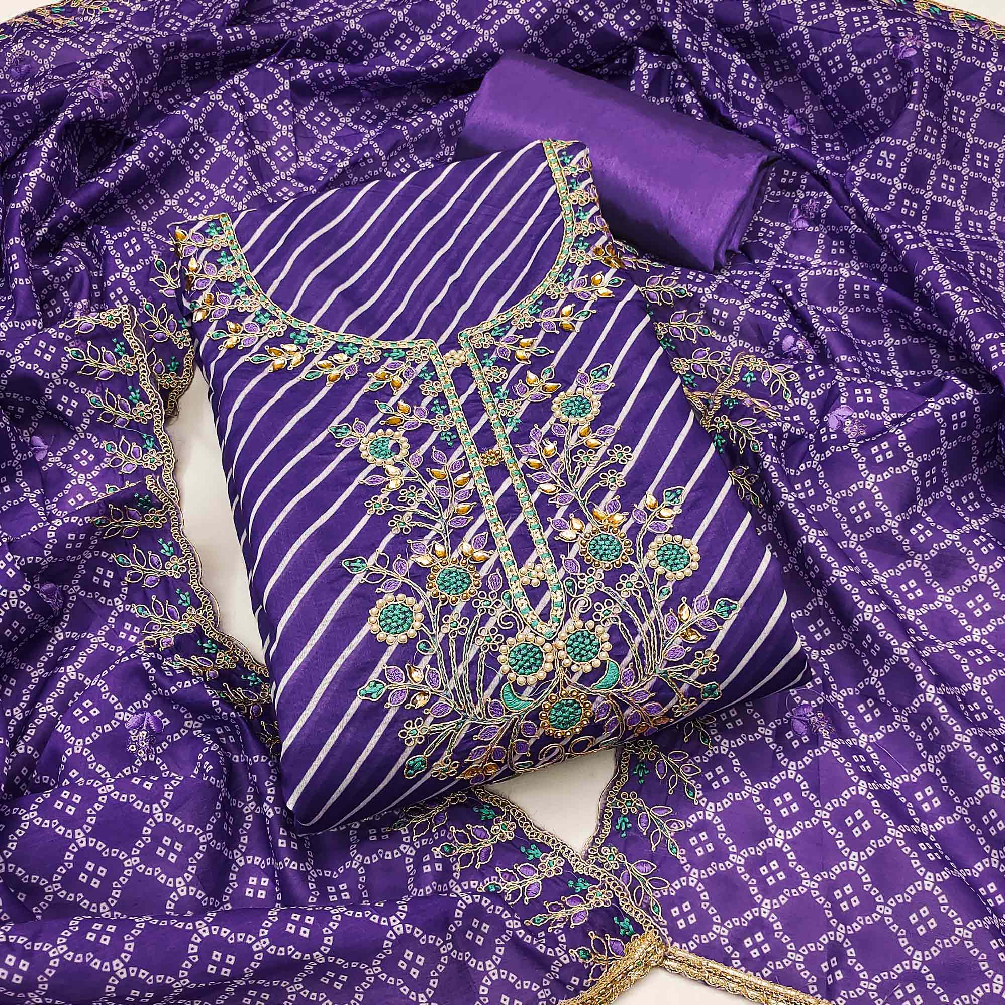 Violet Striped Digital Printed With Handwork Muslin Dress Material
