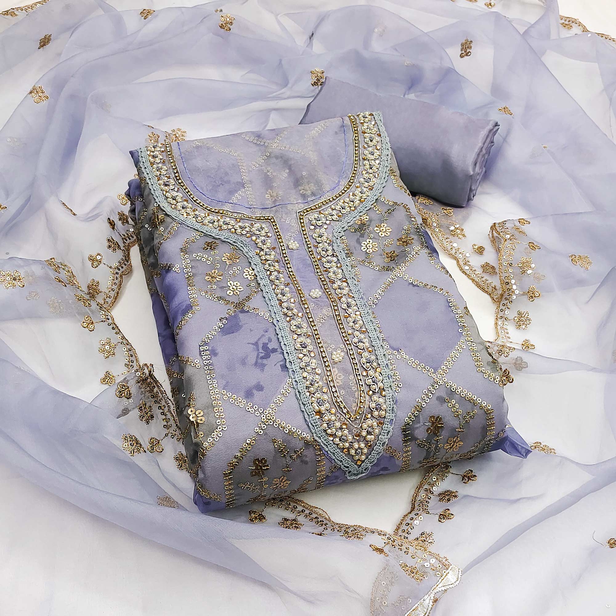 Lavender Floral Sequins Embroidery With Handwork Organza Dress Material