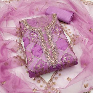 Purple Floral Sequins Embroidery With Handwork Organza Dress Material