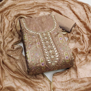 Chikoo Floral Sequins Embroidery With Handwork Organza Dress Material