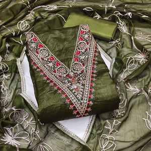 Green Sequins Embroidery With Handwork Viscose Golden Crush Dress Material