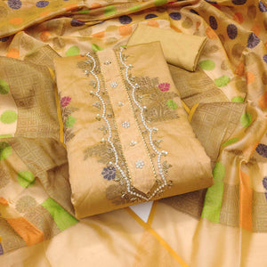 Chikoo Floral Woven With Handwork Banarasi Silk Dress Material