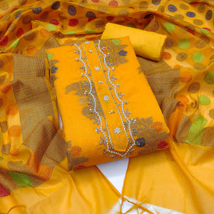 Yellow Floral Woven With Handwork Banarasi Silk Dress Material