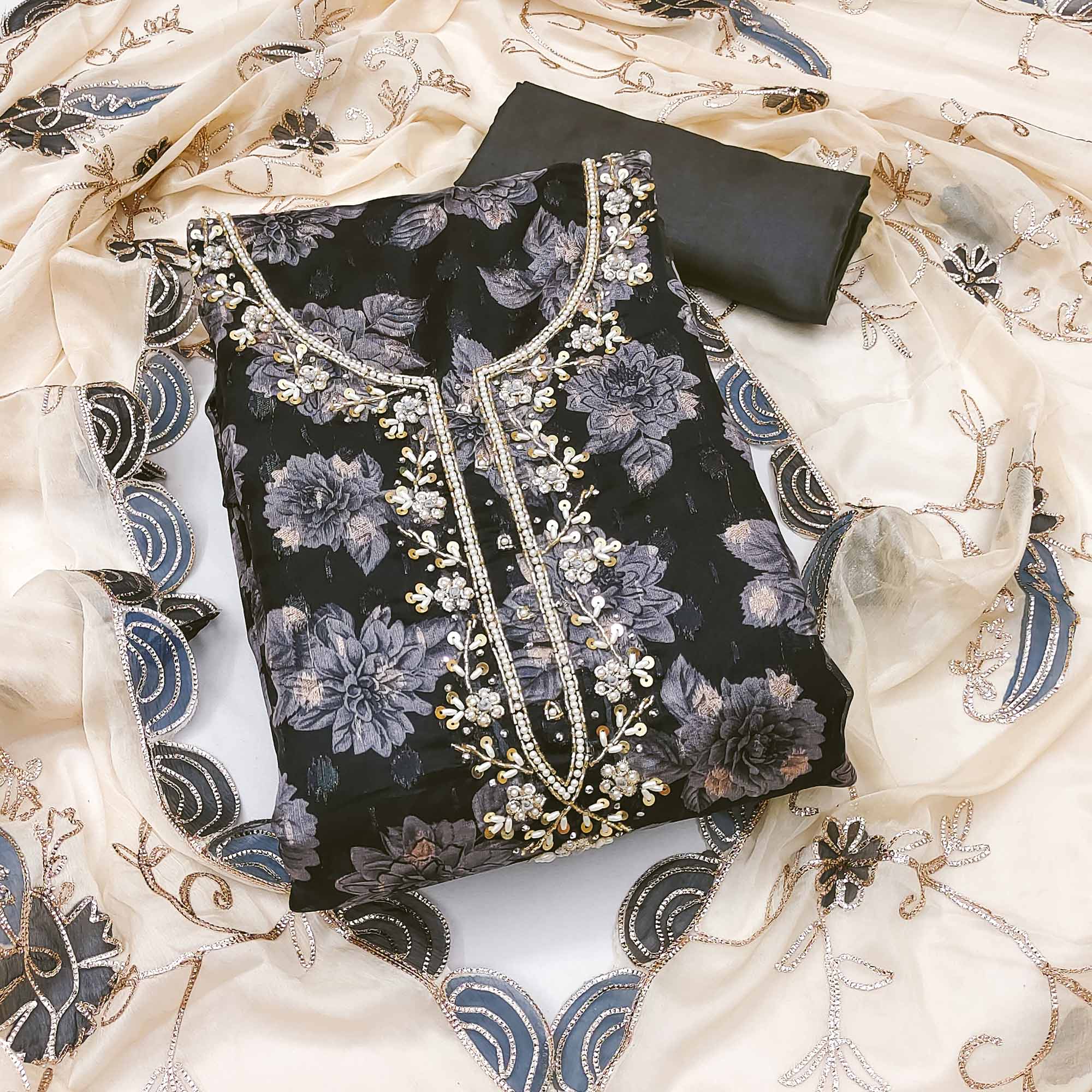 Black Floral Printed With Handwork Viscose Banarasi Dress Material