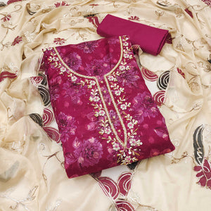 Dark Magenta Floral Printed With Handwork Viscose Banarasi Dress Material