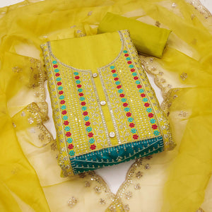 Green Floral Sequins Embroidered Roman Cotton Silk Dress Material