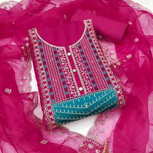 Pink Floral Sequins Embroidered Roman Cotton Silk Dress Material