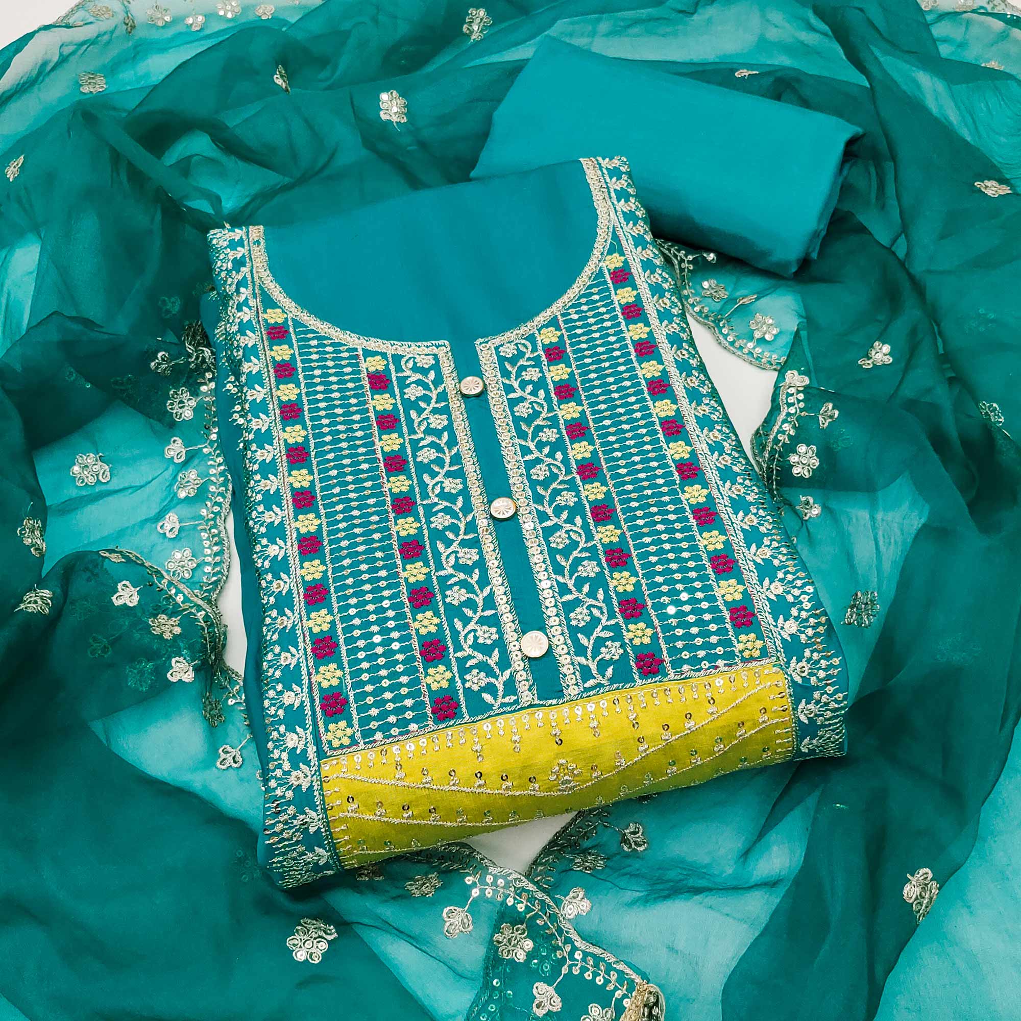 Rama Blue Floral Sequins Embroidered Roman Cotton Silk Dress Material