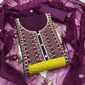 Wine Floral Sequins Embroidered Roman Cotton Silk Dress Material