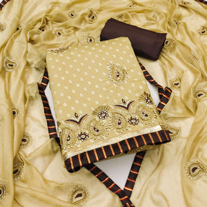 Beige Zari Embroidery With Handwork Roman Cotton Silk Dress Material