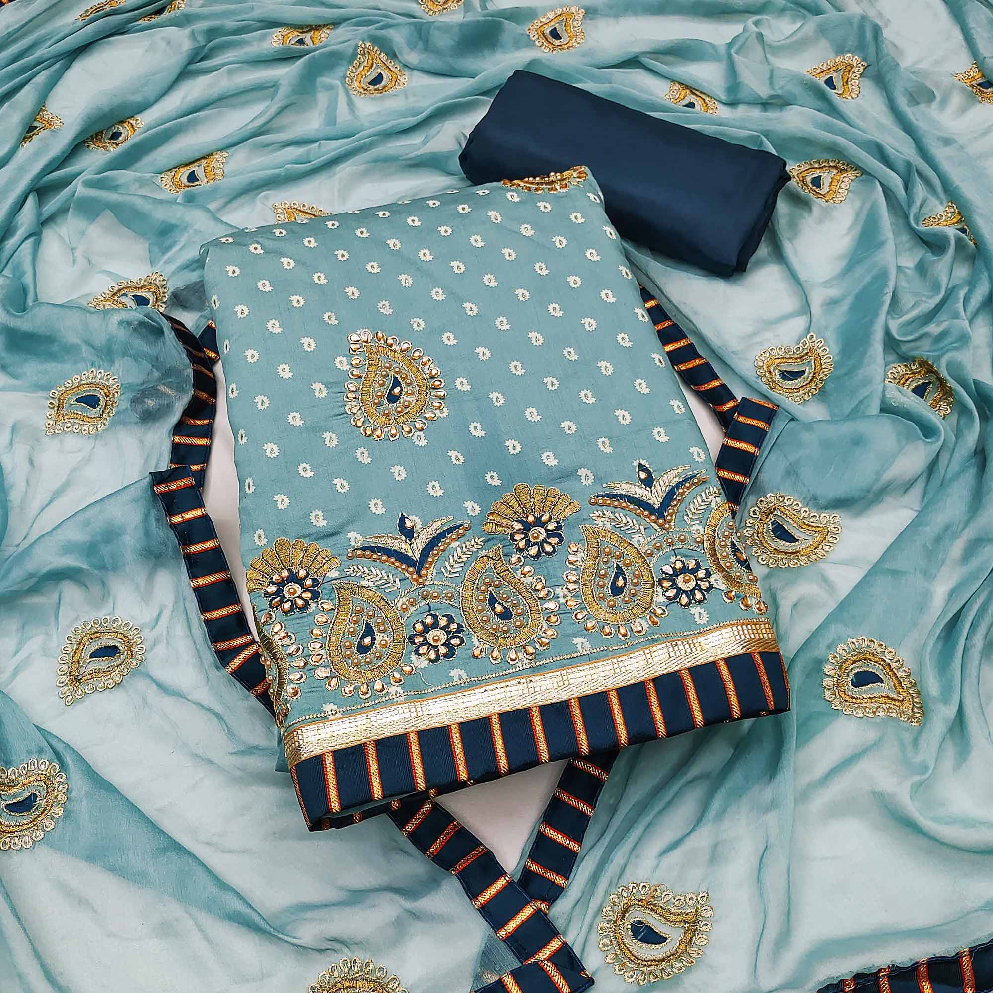 Blue Zari Embroidery With Handwork Roman Cotton Silk Dress Material