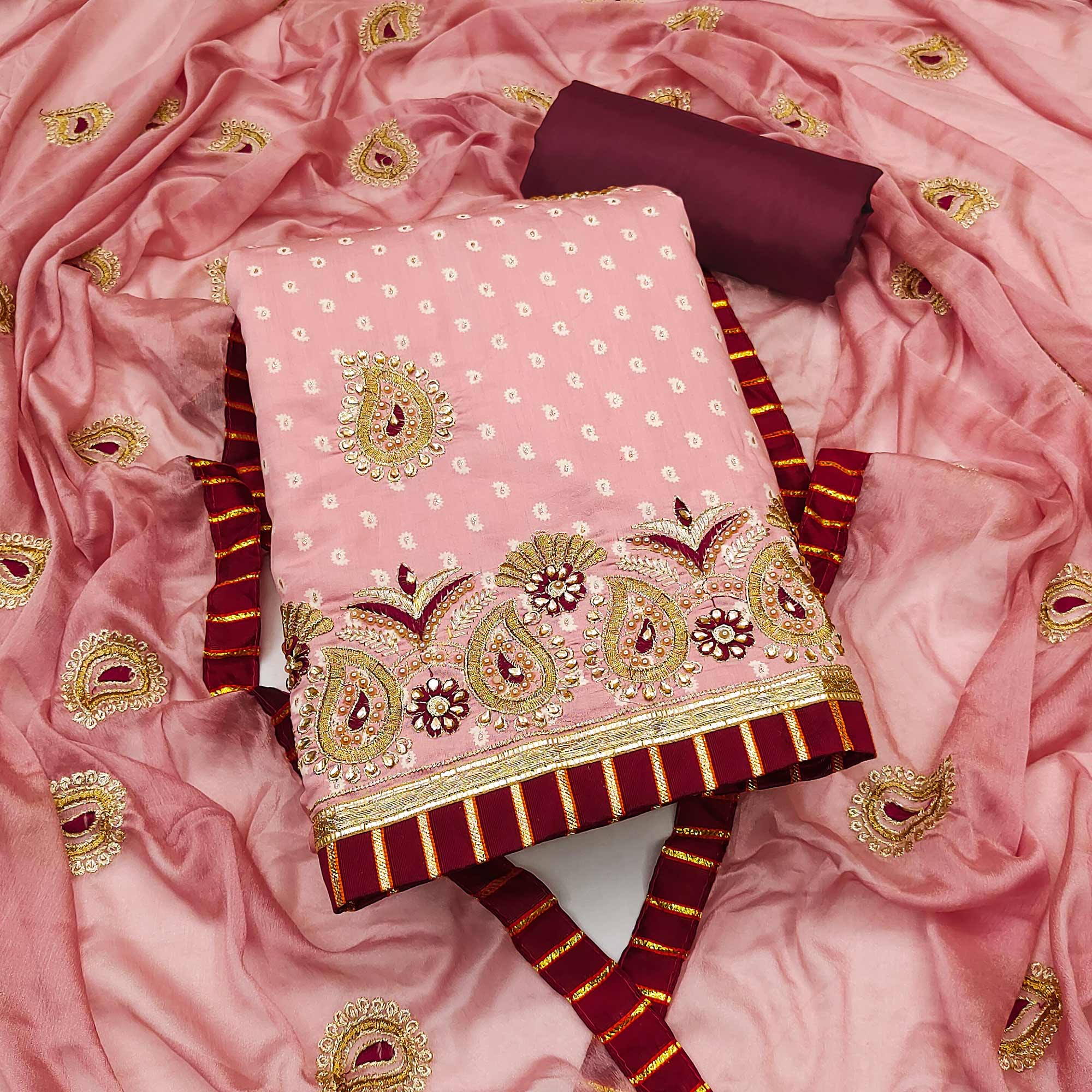 Peach Zari Embroidery With Handwork Roman Cotton Silk Dress Material