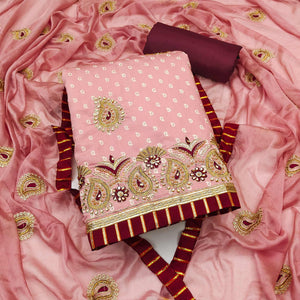 Peach Zari Embroidery With Handwork Roman Cotton Silk Dress Material