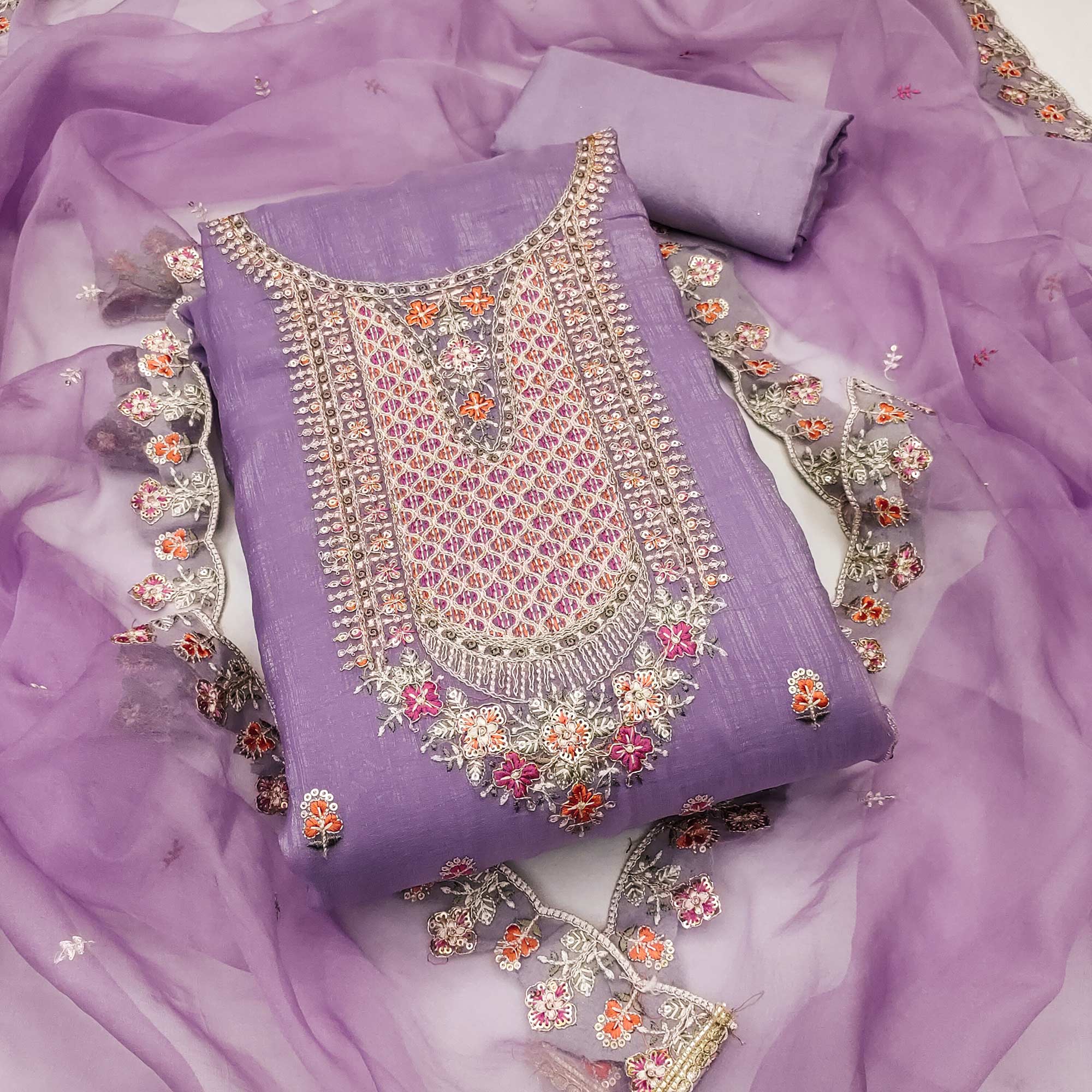 Lavender Floral Sequins Embroidery Viscose Dress Material