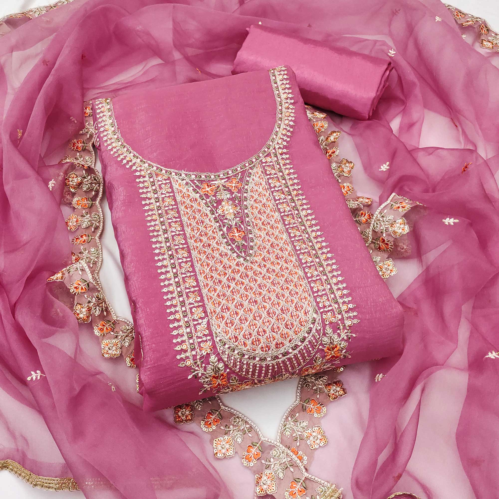 Pink Floral Sequins Embroidery Viscose Dress Material