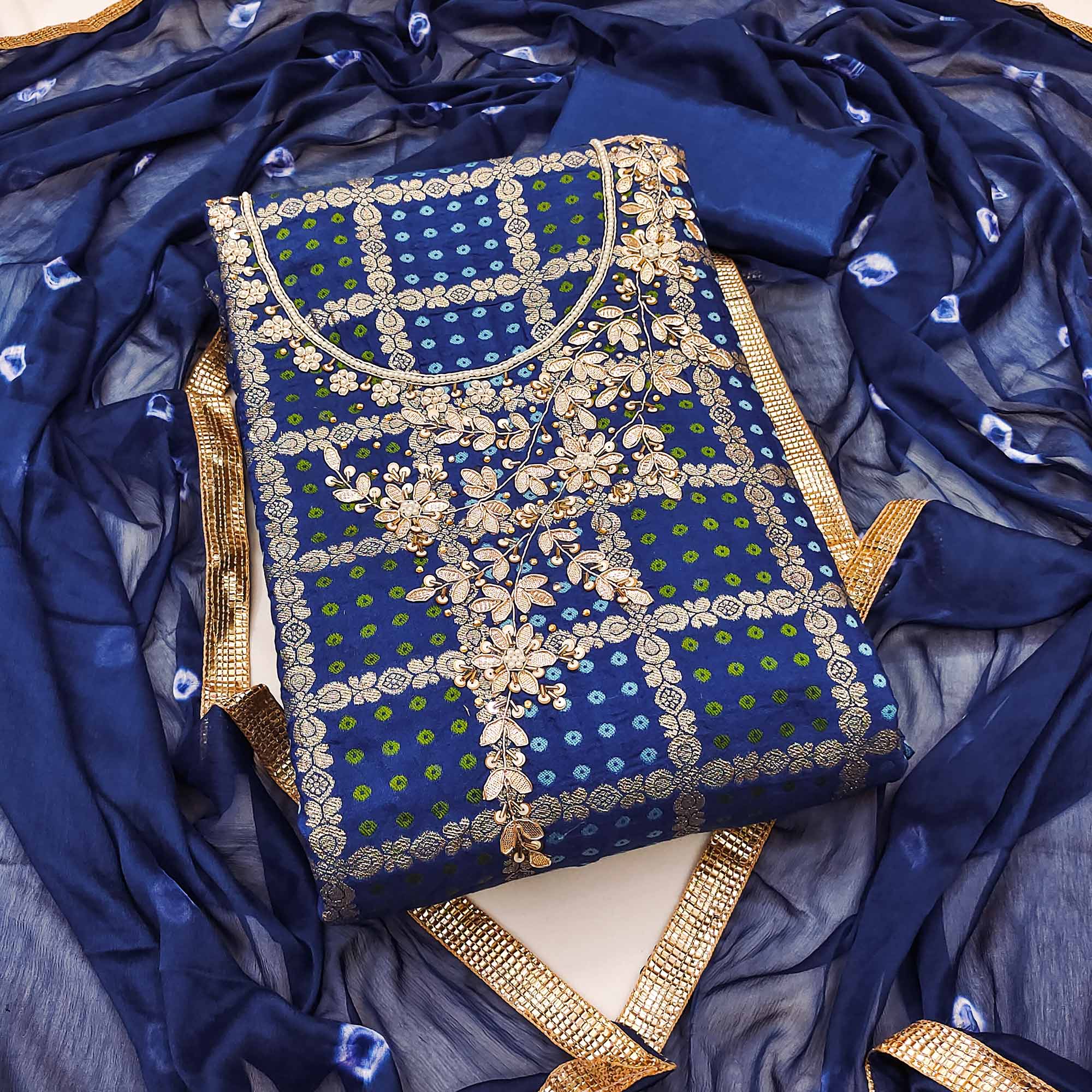 Blue Bandhani Woven With Handwork Cotton Silk Banarasi Dress Material