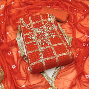 Orange Bandhani Woven With Handwork Cotton Silk Banarasi Dress Material