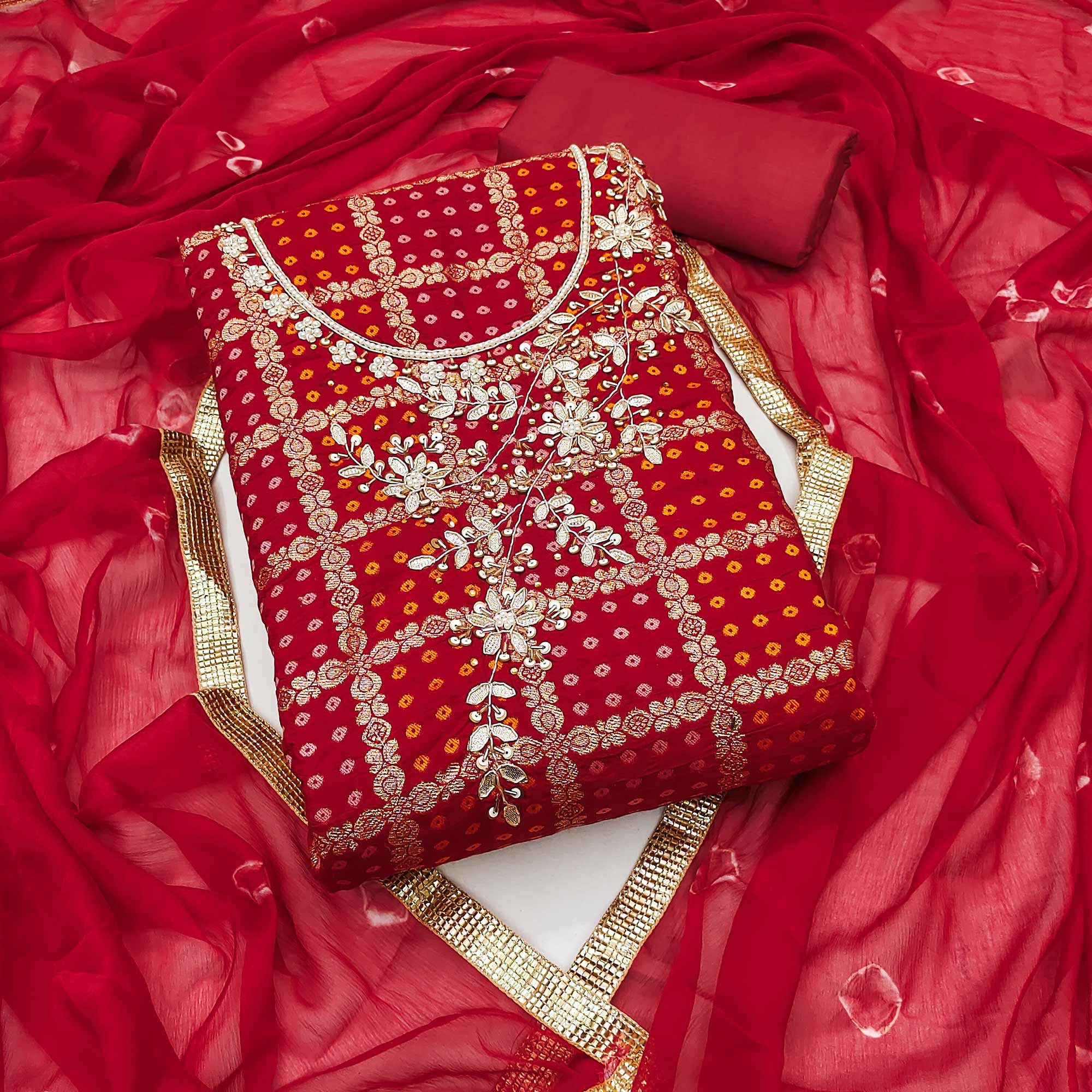 Red Bandhani Woven With Handwork Cotton Silk Banarasi Dress Material