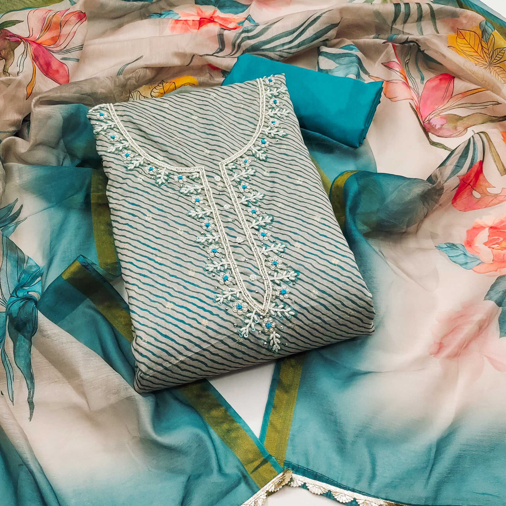 Blue Digital Printed With Handwork Modal Chanderi Silk Dress Material