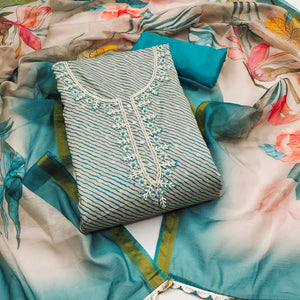 Blue Digital Printed With Handwork Modal Chanderi Silk Dress Material