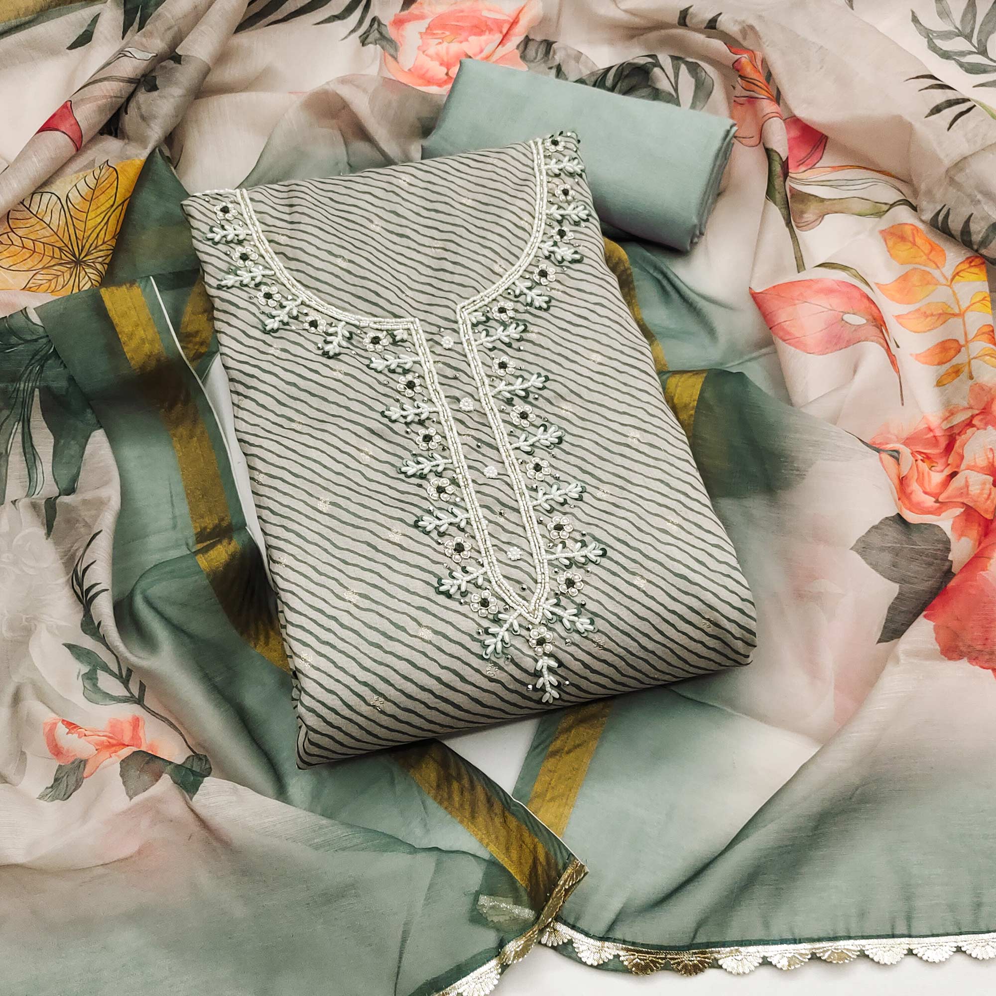 Dusty Green Digital Printed With Handwork Modal Chanderi Silk Dress Material