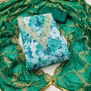 Green Digital Printed With Handwork Viscose Banarasi Dress Material