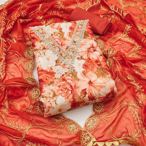 Orange Digital Printed With Handwork Viscose Banarasi Dress Material