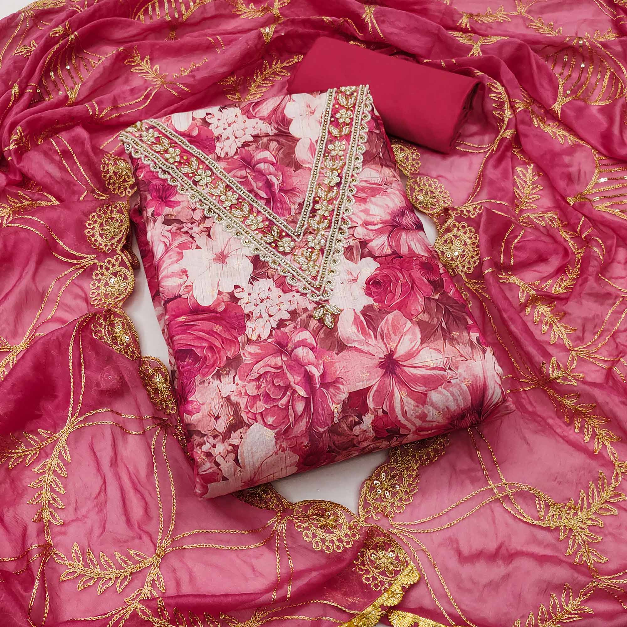 Pink Digital Printed With Handwork Viscose Banarasi Dress Material