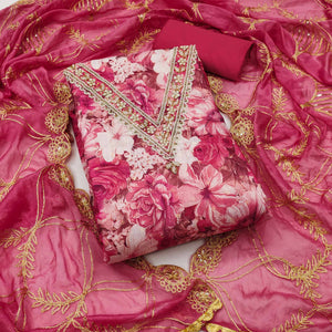 Pink Digital Printed With Handwork Viscose Banarasi Dress Material