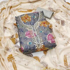 Grey Sequins Embroidery With Handwork Organza Dress Material