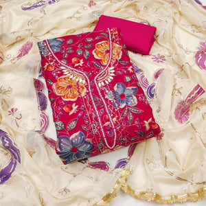 Pink Sequins Embroidery With Handwork Organza Dress Material