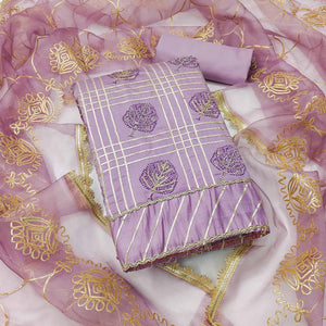 Lavender Printed With Gota Patti & Stonework Roman Cotton Silk Dress Material