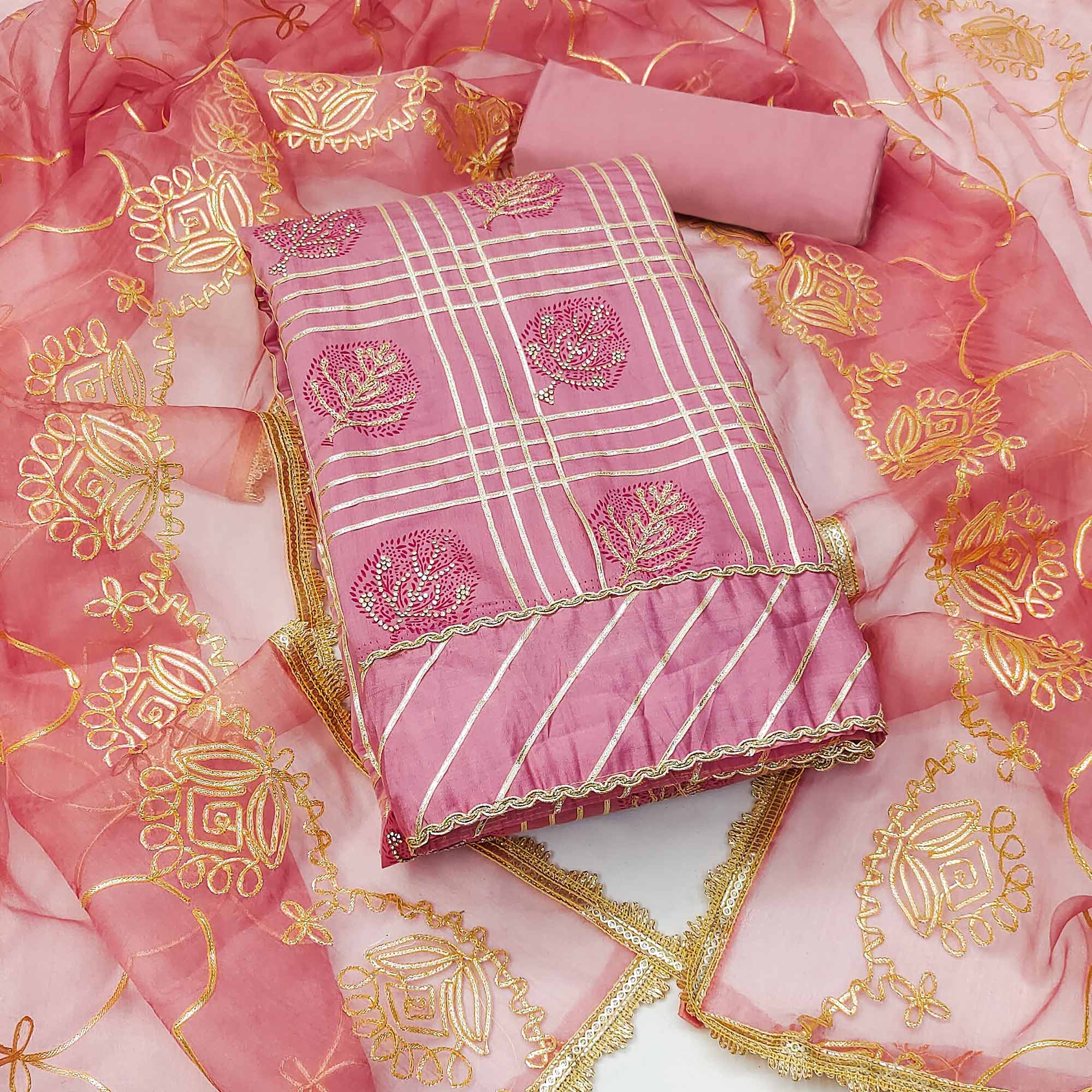 Pink Printed With Gota Patti & Stonework Roman Cotton Silk Dress Material