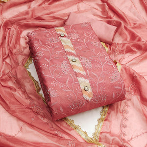 Peach Floral Embroidery With Digital Printed Chanderi Silk Dress Material