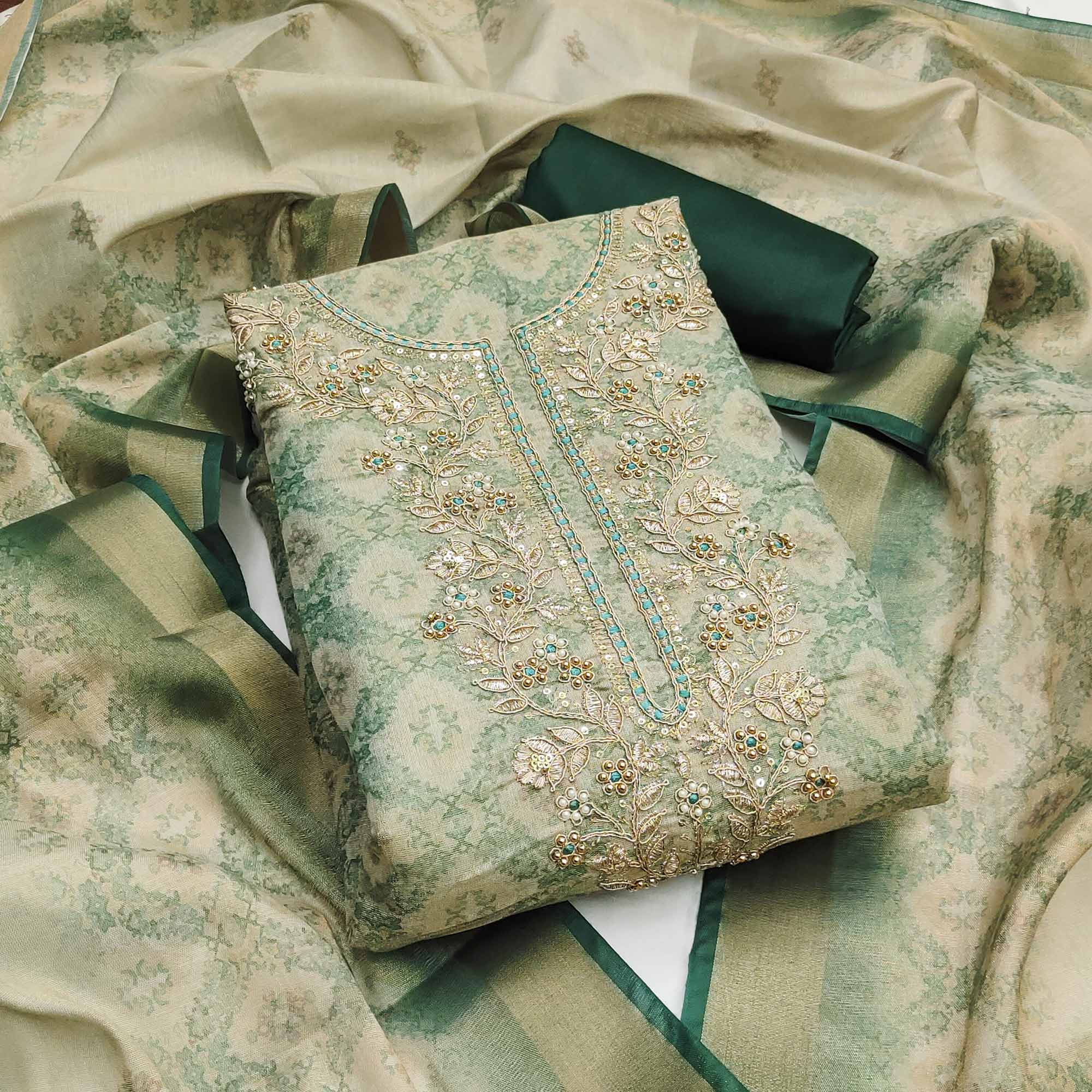 Green Digital Printed With Hand Embroidered Cotton Silk Dress Material