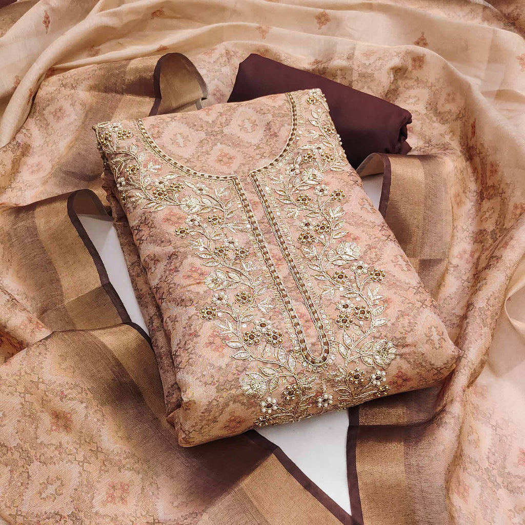 Peach - Hand Embroidery Modal Silk Unstitched Kurta Material (3.1M) 02